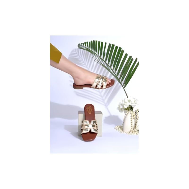 Shoetopia Shiny Open Toe Embellished Golden Flats For Women & Girls /Eu39