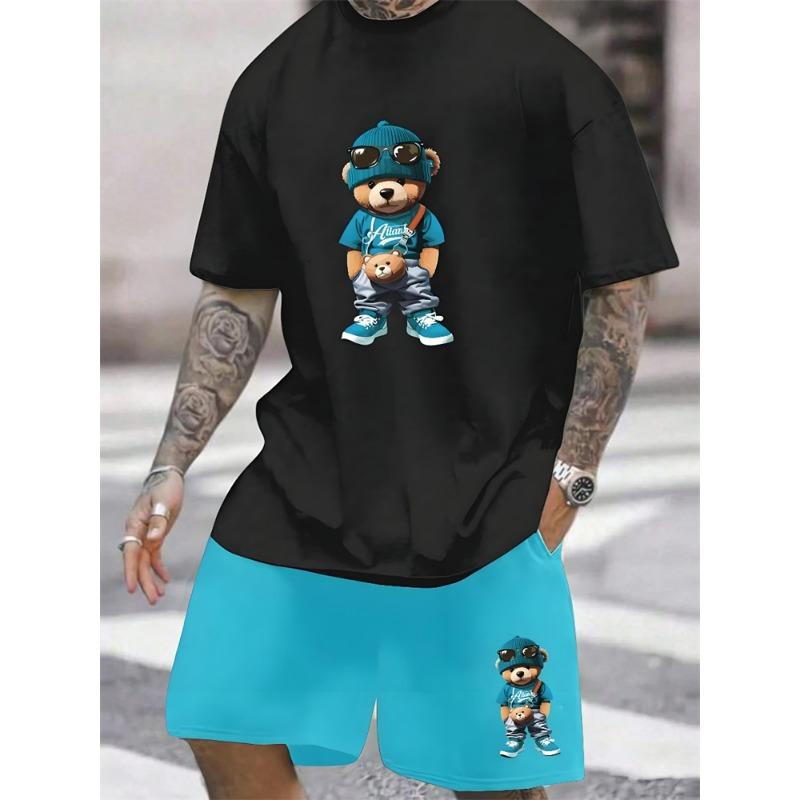 2025 New 3D Cartoon Bear Print Men's Set Summer Casual Everyday Men's Short-sleeved T-shirt Outdoor Street Fashion Beach Shorts