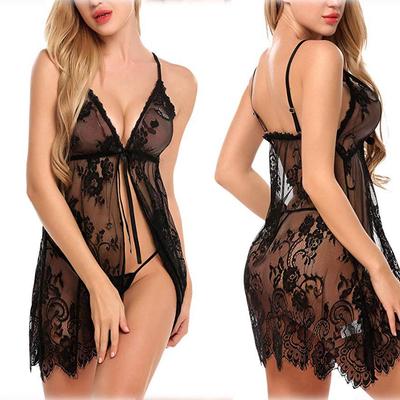 European & American Sexy Eyelash Lace Camisole Nightgown Lingerie Set for Women