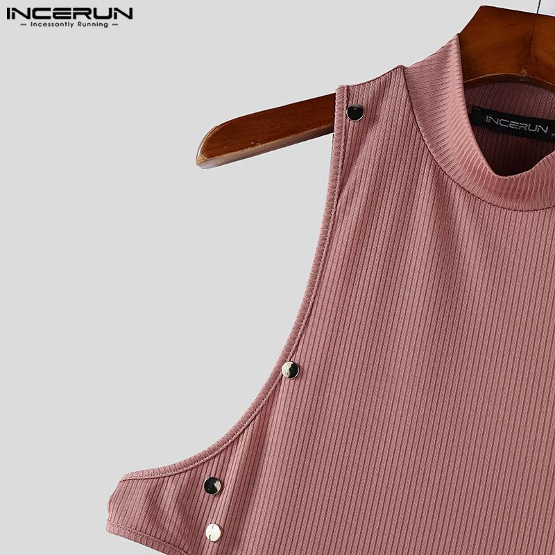 INCERUN Męskie letnie topy bez rękawów z okrągłym dekoltem i ozdobnymi guzikami, z wycięciami i ściągaczem