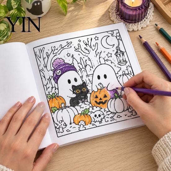 Jedinečné dárky pro milovníky Halloweenu, Kniha omalovánek s duchy pro dospělé, 24 listů, Roztomilé vzory, Zesílený papír, Podložky na kreslení z bavlněné buničiny 20 cm