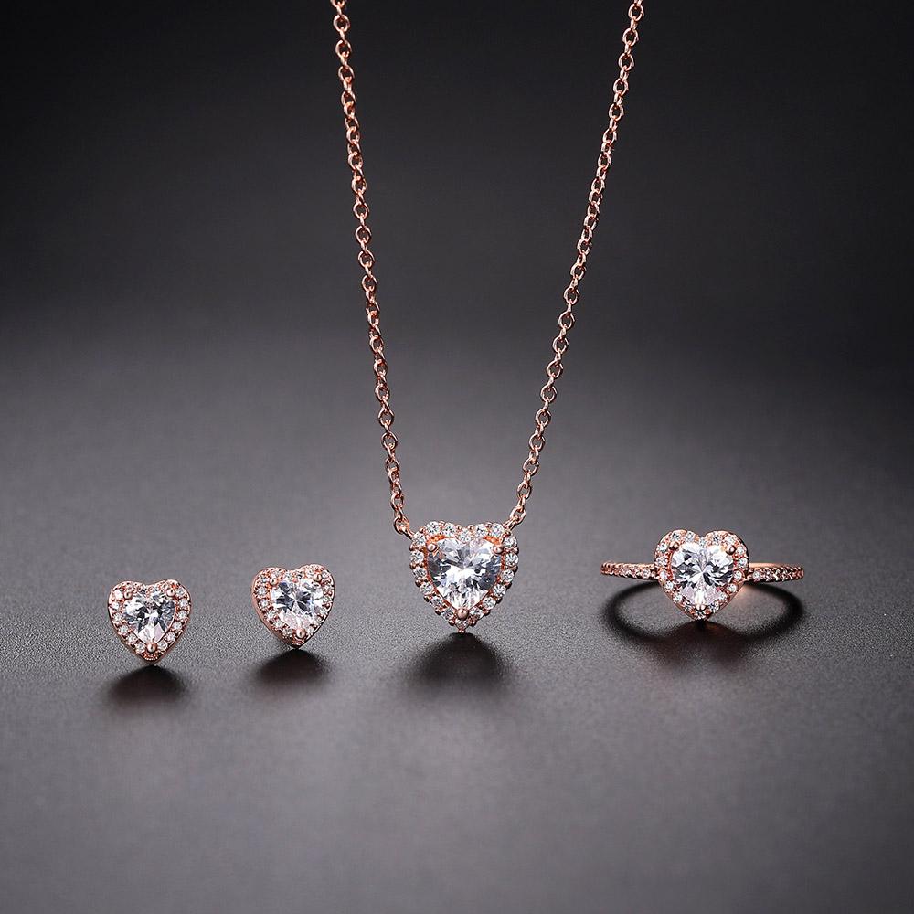 Heart Jewelry Sets for Women Crystal Necklace Earrings Korean Style Gold Color Fashion Cute Moissanite Wedding Accessories S551