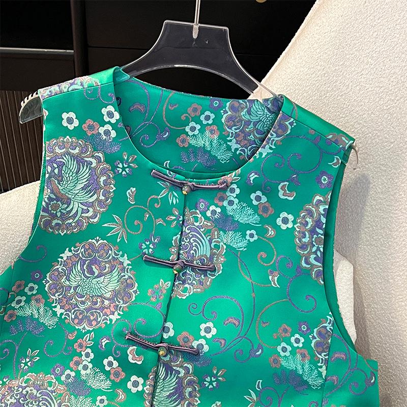 Women's Spring New Silk Brocade Tang Suit Vest with Frog Buttons