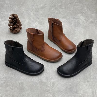 Retro Handmade Genuine Leather Women's Shoes Round Toe Side Zipper Flat Short Boots