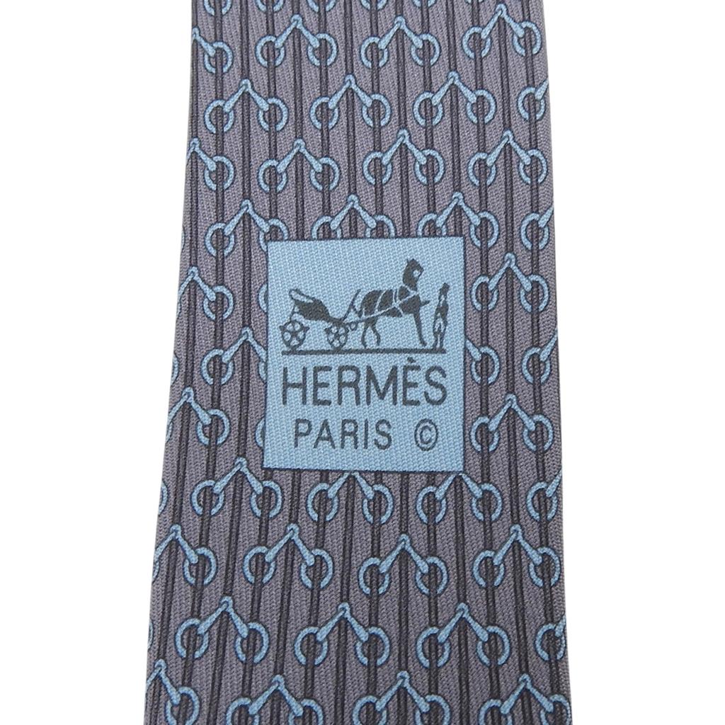 Excellent HERMES tie Horse tack motif all-over pattern gray silk mens Used
