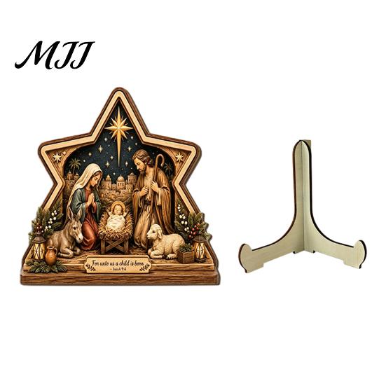 Durable Wood Nativity Set Scene Wooden Tabletop Sign, Christmas Manger Holy Family Figurine Decor, Holiday Home Accents Religious Xmas Desktop
