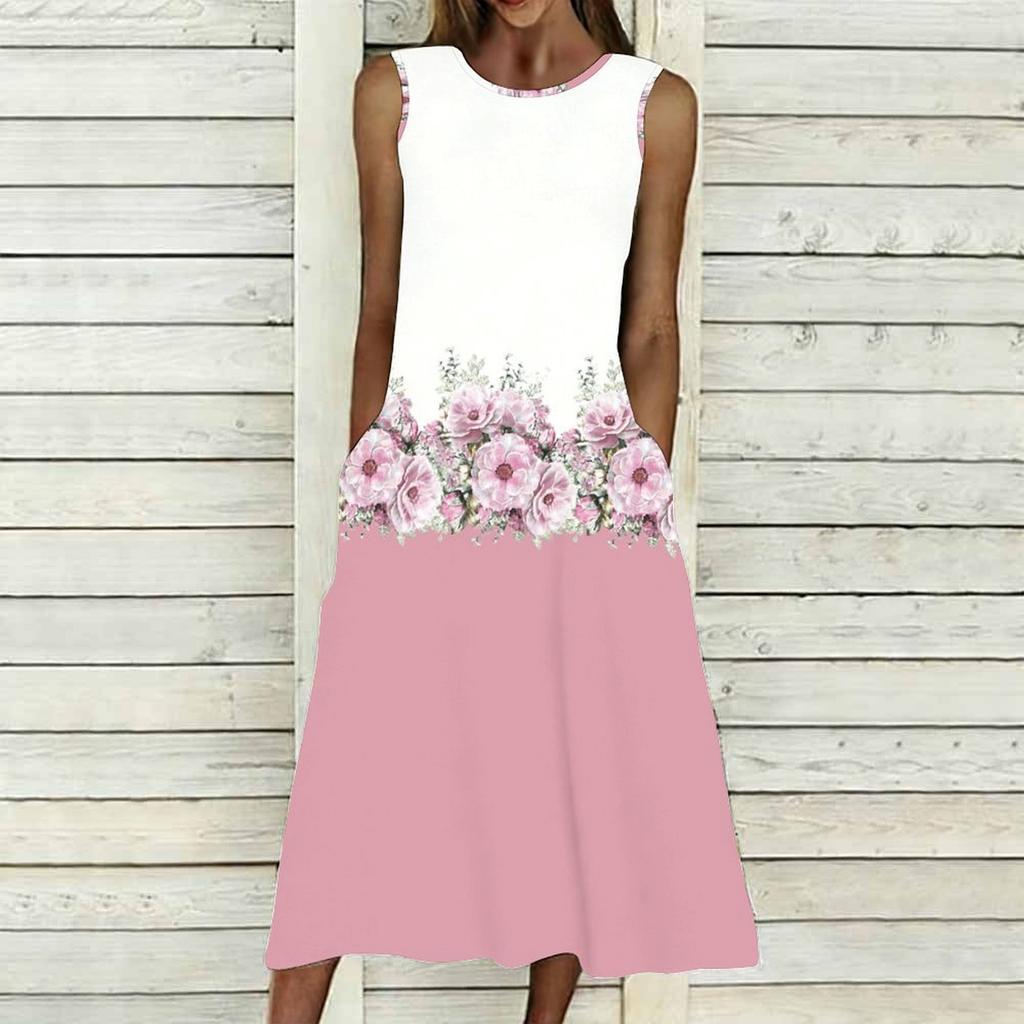 Women Plus Size Sleeveless Round Neck Dress Big Floral Printed Loose Flowy Mid Calf Dress