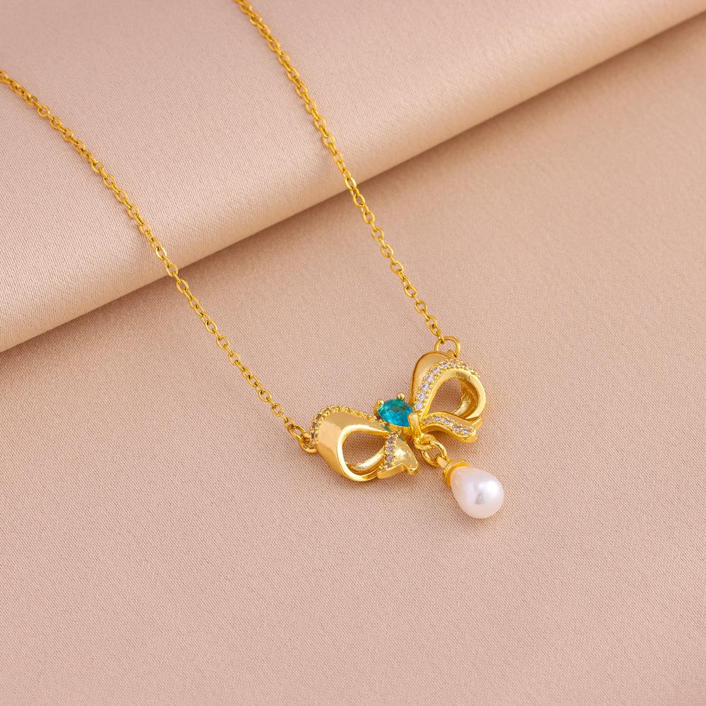 Live Temperament Light Luxury Tassel Pearl Bow On the Run Princess Titanium Steel Necklace High Sense Clavicle Chain Women