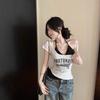 Summer Spice Girls Contrasting Color Splicing Printed Short Sleeve T-Shirt Women's Neck Strap Fake Two Pieces Design Sense Short Slim Top