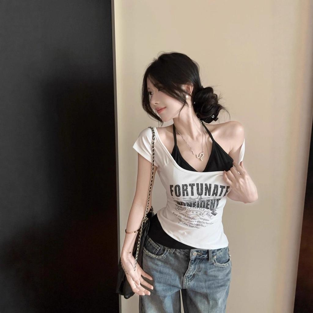 Summer Spice Girls Contrasting Color Splicing Printed Short Sleeve T-Shirt Women's Neck Strap Fake Two Pieces Design Sense Short Slim Top
