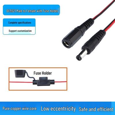 DC5521 Power Cord: 20AWG Wire with 5A Fuse, Fuse Holder, Fuse Tube, 0.5 Square DC Male and Female Connectors