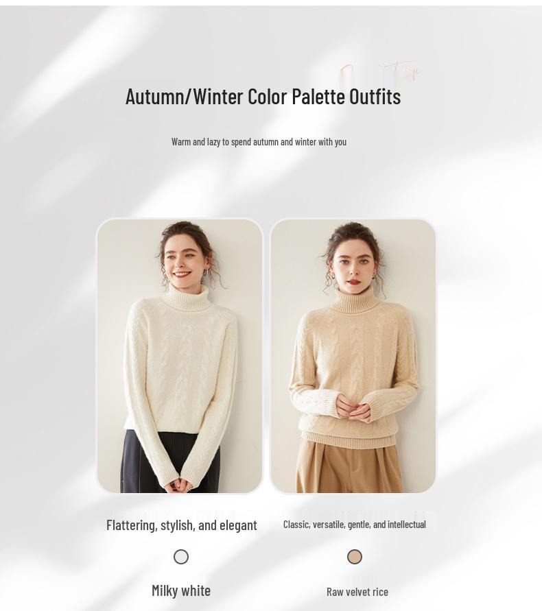 Women's Double-Strand Thick Cable Knit Cashmere Sweater - Long-Sleeved, Mid-Length, Autumn/Winter High-End Base Shirt