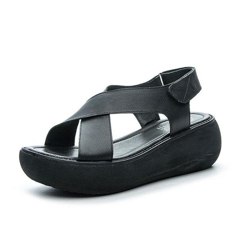 Fashion Fashion Summer Vintage Genuine Leather Flat Platform Sandals Women Hook And Loop Cross Strap Flat Outdoors Sandals size 34-40