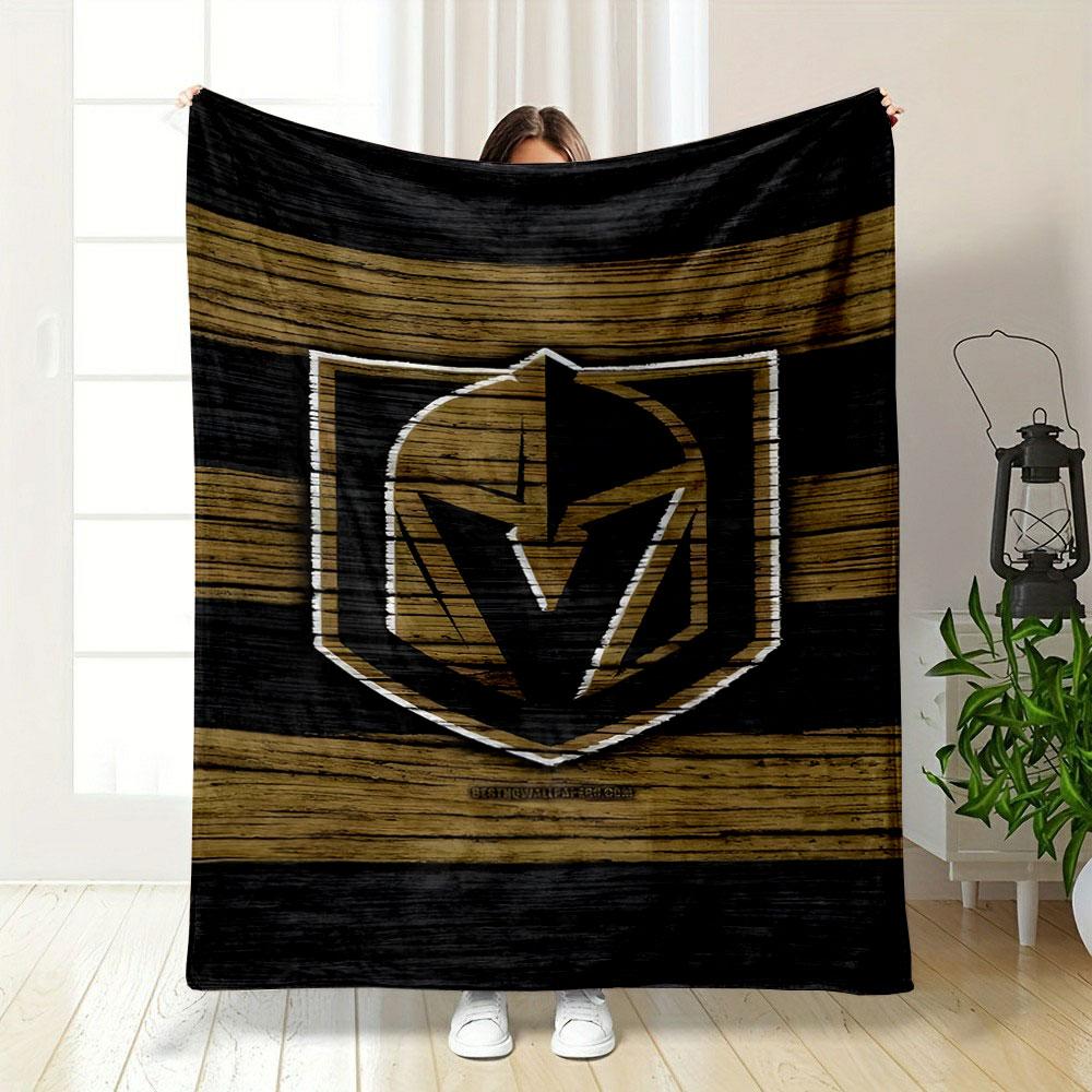 "Golden Knight Logo on Wooden Background" Patterned blanket, flannel, suitable for all seasons, home decor, warm and cozy