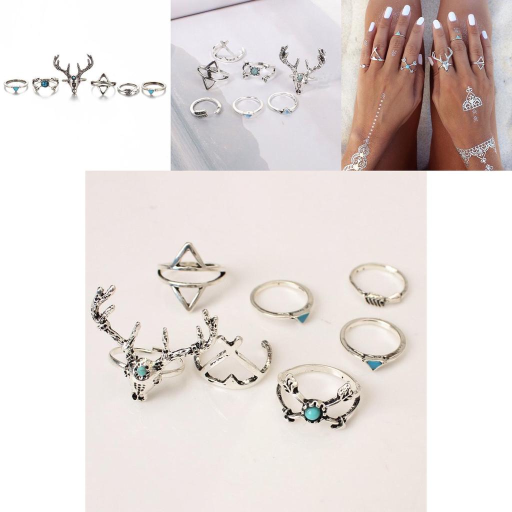 Vintage Gold And Silver Boho Gypsy Deer Head Triangle Turquoise Alloy Rings For Men And Women