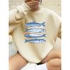 Sardines Blue Printing Sweatshirts Women Crewneck Sporty Hoodies Loose Fleece Warm Pullovers Autumn Comfortable Womans Clothes