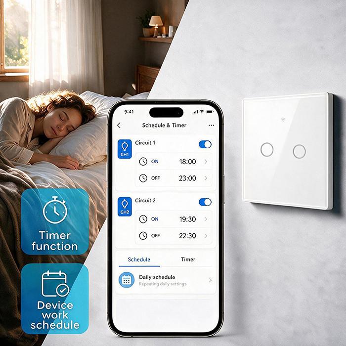 Qoltec Smart Touch 4-Channel Light Switch | Wi-Fi | Timer | Tuya | Smart Life | Tempered Glass | Black