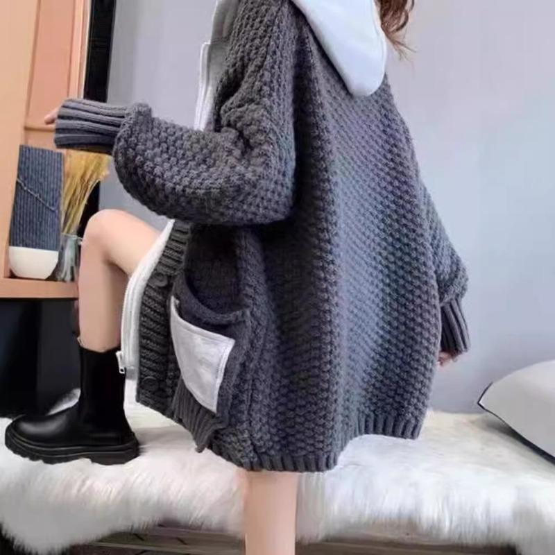 Sweater Jacket Women's Autumn New Loose Fake Two Lazy Wind Hooded Thickened Knitted Cardigan Top