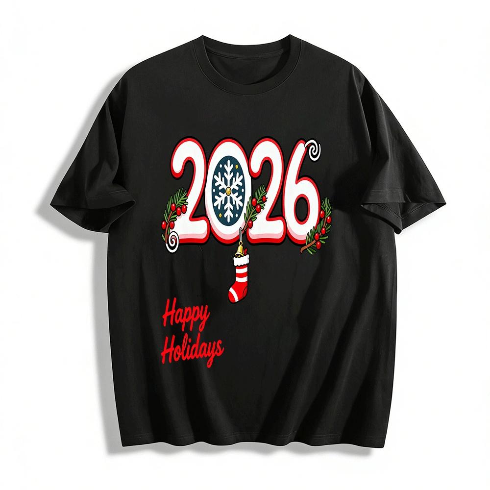 2026 Happy Holidays Christmas Themed Graphic Casual Loose Top Pure cotton T-shirt XXS