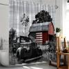 Vintage Farm Scene Bath Curtain - American Flag, Barn, Classic Truck; Waterproof & Rustic Home Decor Adds Charm To Bathroom.