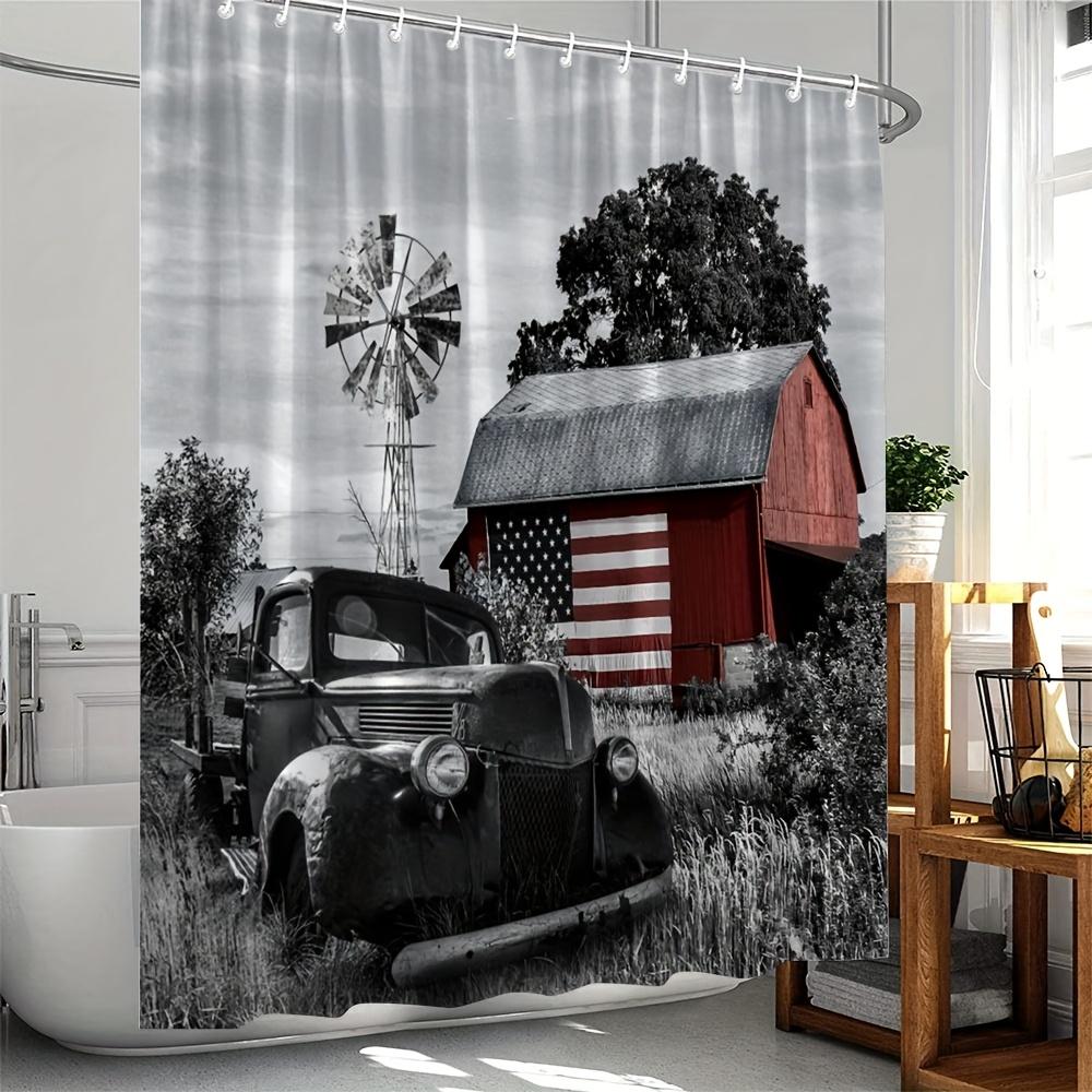 Vintage Farm Scene Bath Curtain - American Flag, Barn, Classic Truck; Waterproof & Rustic Home Decor Adds Charm To Bathroom.