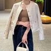 Womens Beige Tweed Short Blazer Coat French Chic Style Round Neck Single Breasted Casual Elegant Outerwear