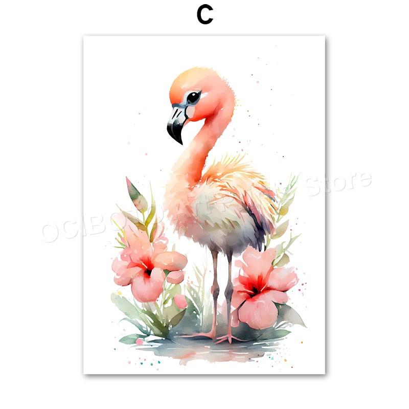 Watercolor Animals Wildflower Lion Rabbit Bear Panda Cow Flamingo Posters Of Wall Art Canvas Prints Picture Baby Kids Room Decor