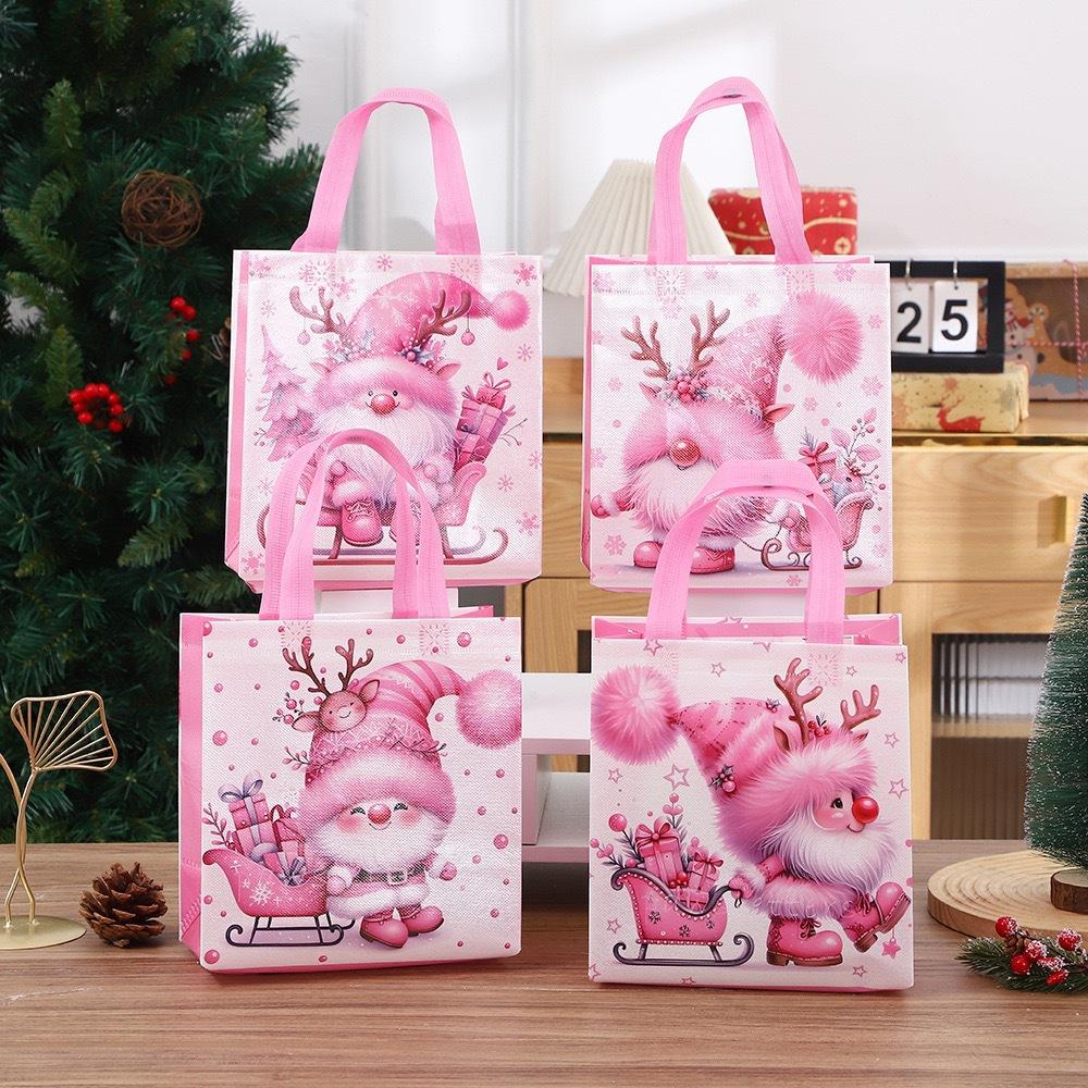StoBag Pink Christmas Gift Bags Cute Santa Sleigh Design Non-Woven Holiday Tote Bags for Girls’ Winter Parties and Candy