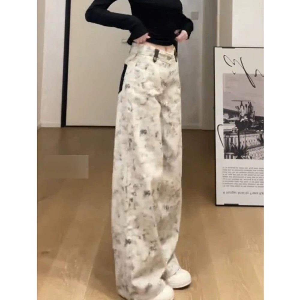 Commuter Versatile Tie-dye Printed Wide-leg Jeans Spring and Autumn New High-waisted Women's Floor-mopping Jeans