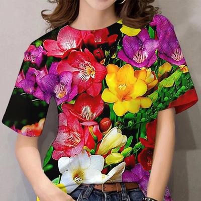 Women's Floral Pattern T-shirt, Women's Clothing Rainbow T-shirt