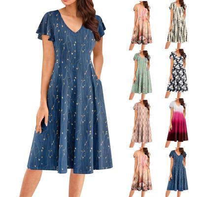 Women's Summer Fashion V-Neck Ruffle Sleeve Retro Elegant Midi Dress
