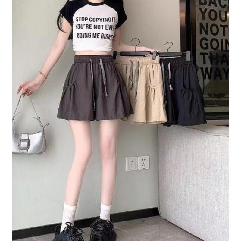 Women's Summer Thin Skirt Yoga Pants Ice Silk Wide Leg Shorts Solid Color Pocket Lace Up Short Pants