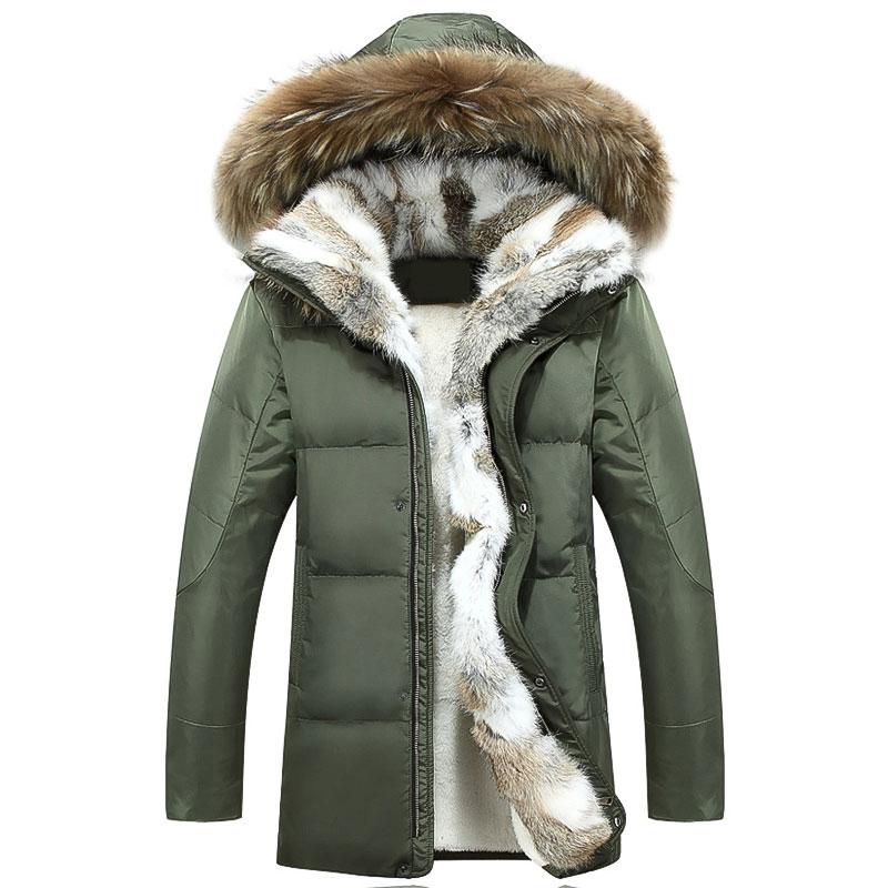 Winter Style Men Boutique Down Coat Detachable Rabbit Fur Collar White Duck Down Men's Solid Jackets Plus Size S-5XL
