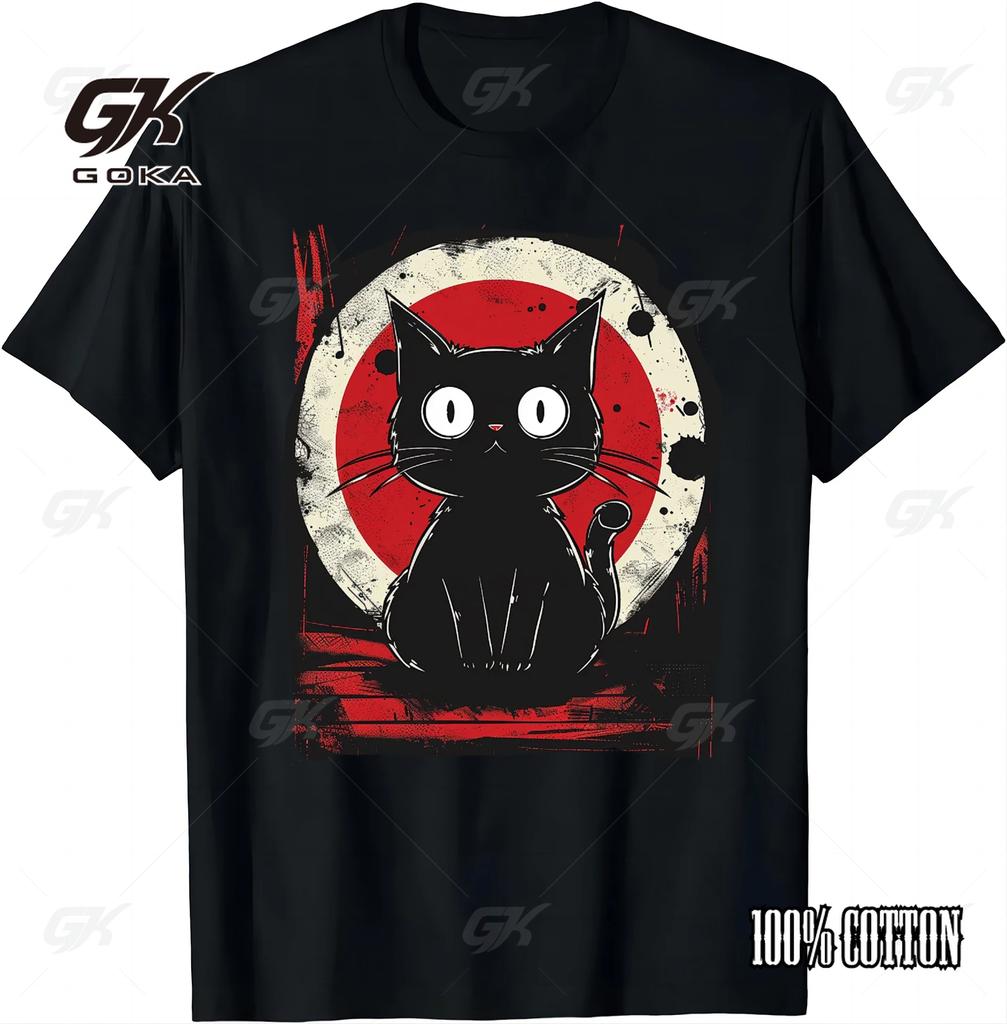 Kawaii Cat Japanese Black Anime Cat Cotton T Shirt Short Sleeve Unisex Clothes Tops Shirts Vintage Women Tees Graphic T Shirts