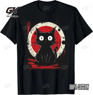 Kawaii Cat Japanese Black Anime Cat Cotton T Shirt Short Sleeve Unisex Clothes Tops Shirts Vintage Women Tees Graphic T Shirts