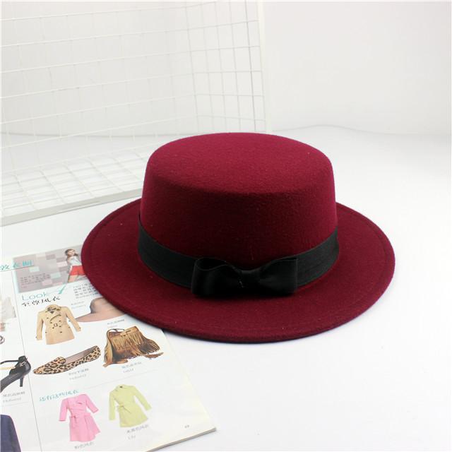 British retro flat top top hat woolen bow flat top jazz hat European and American autumn and winter top hat trendy women's hat