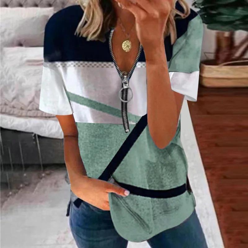 Summer Striped Printed Plus Size T Shirt Women Vintage Short Sleeve Zipper V-neck Casual T-shirt Woman Loose Office Lady Basic Tee Tops 25118