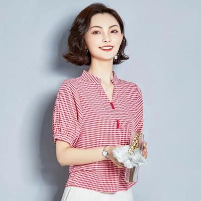 Women's Summer Design V-Neck Chiffon Shirt Plaid Short Sleeve Casual Belly Covering Top