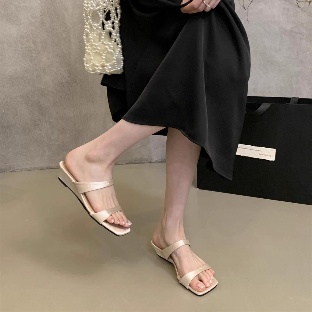 Temperament Satin Square Head Open-toed Sandals Summer New One-word with Wedge Heels Cool Slippers Women's Wear