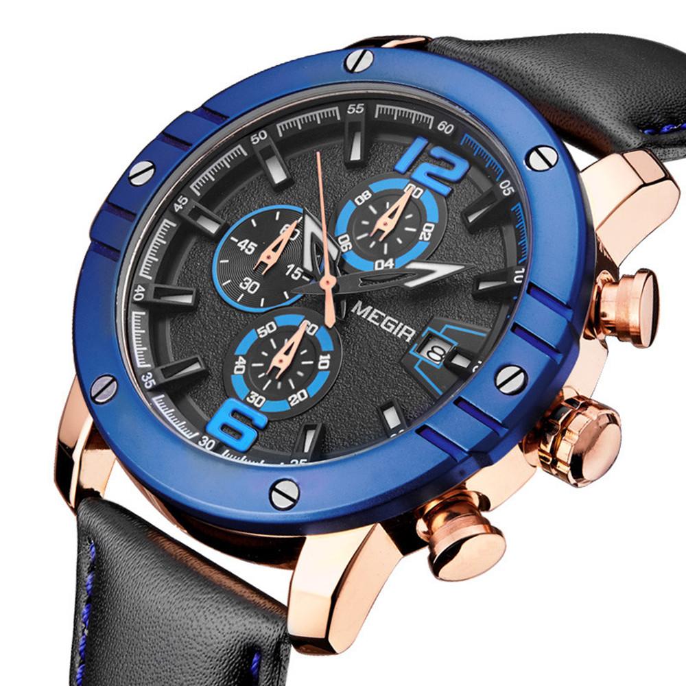 Megir Fashion Men's Quartz Watch Chronograph Luxury Business Casual Wristwatch Leather Strap Male Military Sports Watches 2046