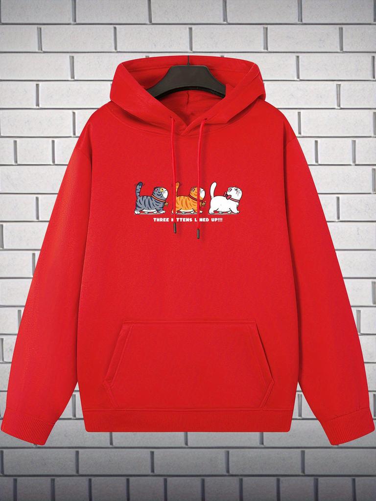 Men's Hoodie with Three Cats Queuing Pattern, Fun Cartoon Design, Trendy Autumn and Winter Versatile Fashion Warm Hoodie Jacket