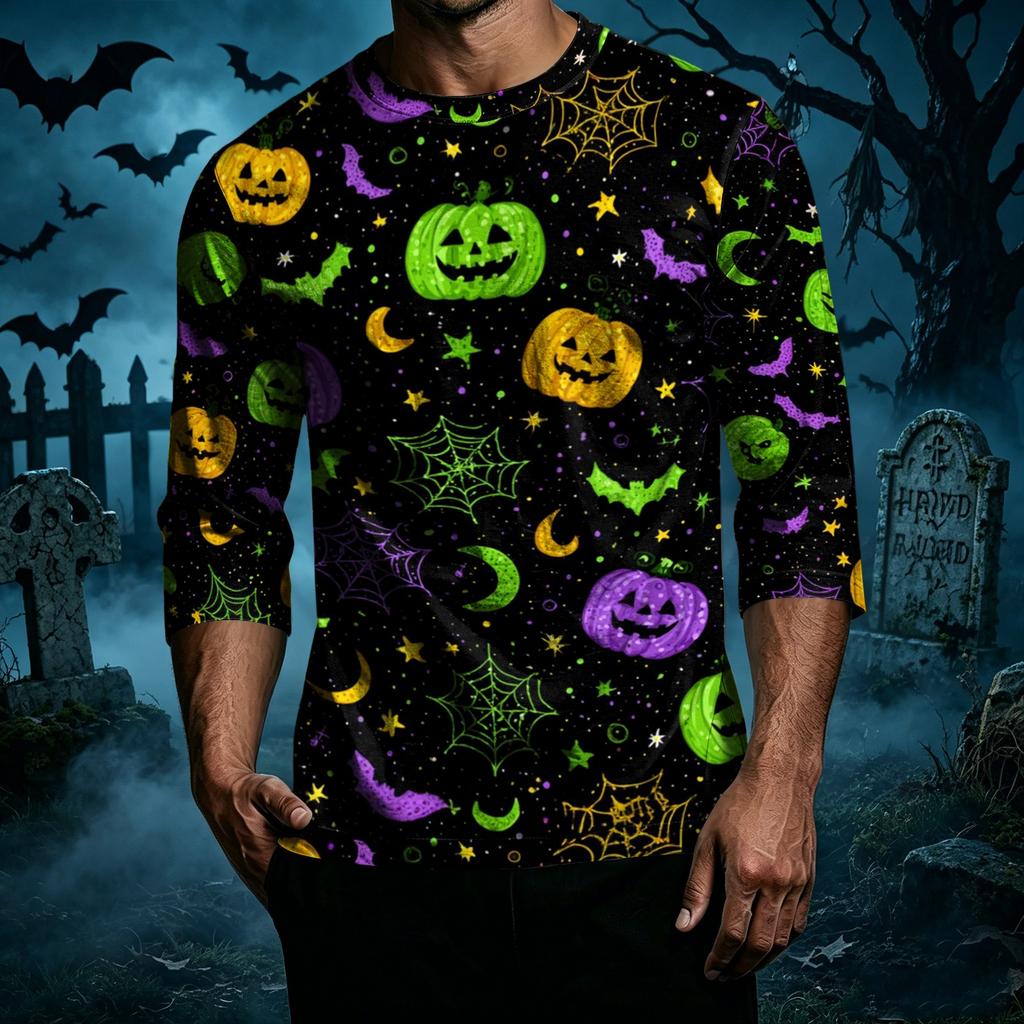 Men's Halloween Print Casual T Shirt 3 4 Sleeve Crew Neck Top Lightweight Comfortable Fit Seasonal Graphic Tee
