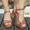 2025 new thick-soled one-word Roman sandals women's high-heeled waterproof table gold wedge-heeled open-toed women's shoes
