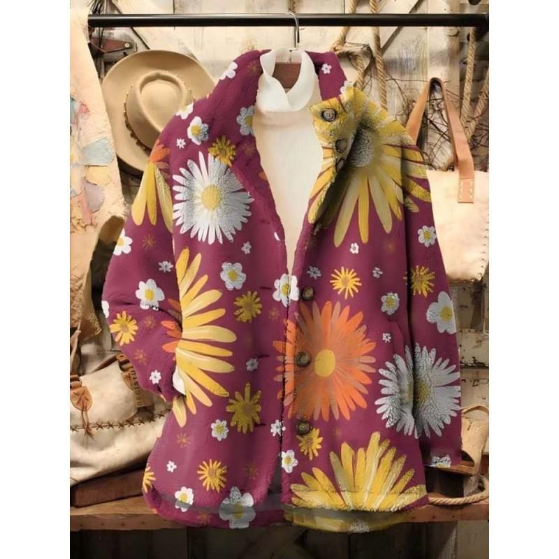 Womens Stand-Up Collar Fleece Sweatshirt With 3D Digital Floral Print Casual Long Sleeve Top Fall 2025