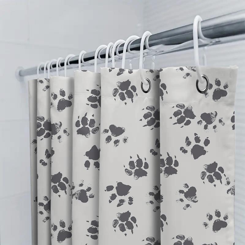 White Floral Shower Curtain With Paw Print Pattern Modern Decorative Waterproof Bath Mat Cover For Home Bathroom Accessories Bla