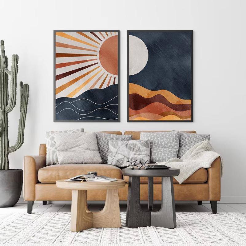 Sun and Moon Boho Abstract Day Night Desert Nature Landscape Neutral Wall Art Posters Prints Canvas Painting for Room Home Decor