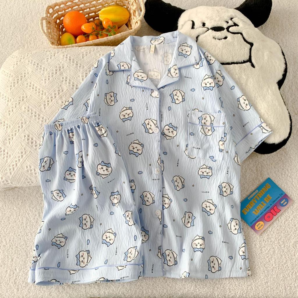 Women's Cartoon Cloud Cotton Pajama Set - Cardigan, Short Sleeve, Shorts, Home Wear