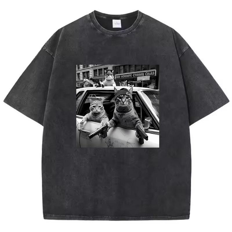 Streetwear Cat T Shirt Vintage Washed Cotton T-Shirt Hip Hop Graphic Tee Casual Streetwear Spring Summer
