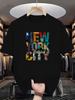 Men's Casual Loose 100% Cotton Summer Short Sleeve T-Shirt,New York Skyline Pattern Print,achine Washable Crew Neck Top