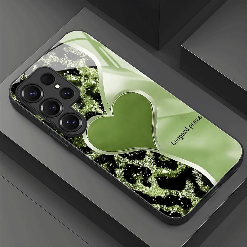 Leopard patterned heart-shaped design glass phone case suitable for Samsung GalaxyS26 S25 S24 S22 S21 S20FE/Ultra/Plus anti drop